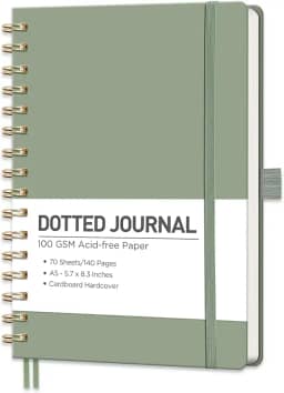 RETTACY Bullet Dotted Journal Notebook, 140 Pages, A5 Medium Size (5.7'' x 8.3''), Hardcover, 100 GSM Thick Paper, for Bullet Journaling, Planning, Tracking (Light Green)