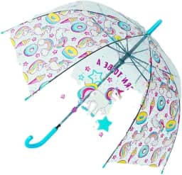 Guarda-Chuva Infantil Transparente com Estampa de Unicórnio Design Curvado Automático Cabo