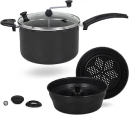 Panela Pipoqueira Fogão de Indução Multiuso 7 Em 1 Antiaderente 4,5 Litros Preto, Cuscuzeiro, Al Vapor, Escumadeira, Forma com Canudo