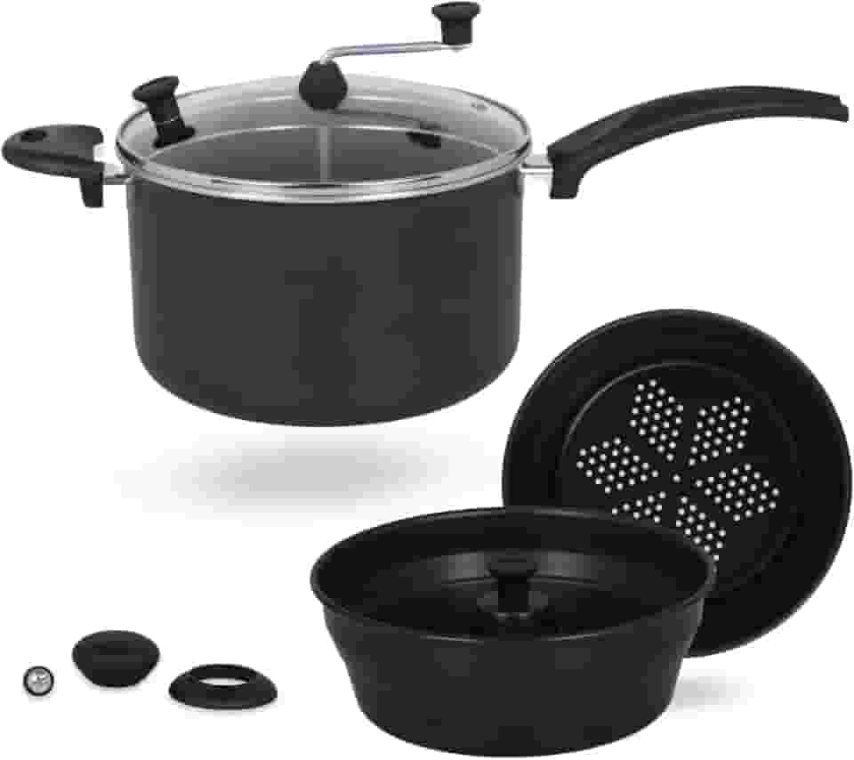 Panela Pipoqueira Fogão de Indução Multiuso 7 Em 1 Antiaderente 4,5 Litros Preto, Cuscuzeiro, Al Vapor, Escumadeira, Forma com Canudo