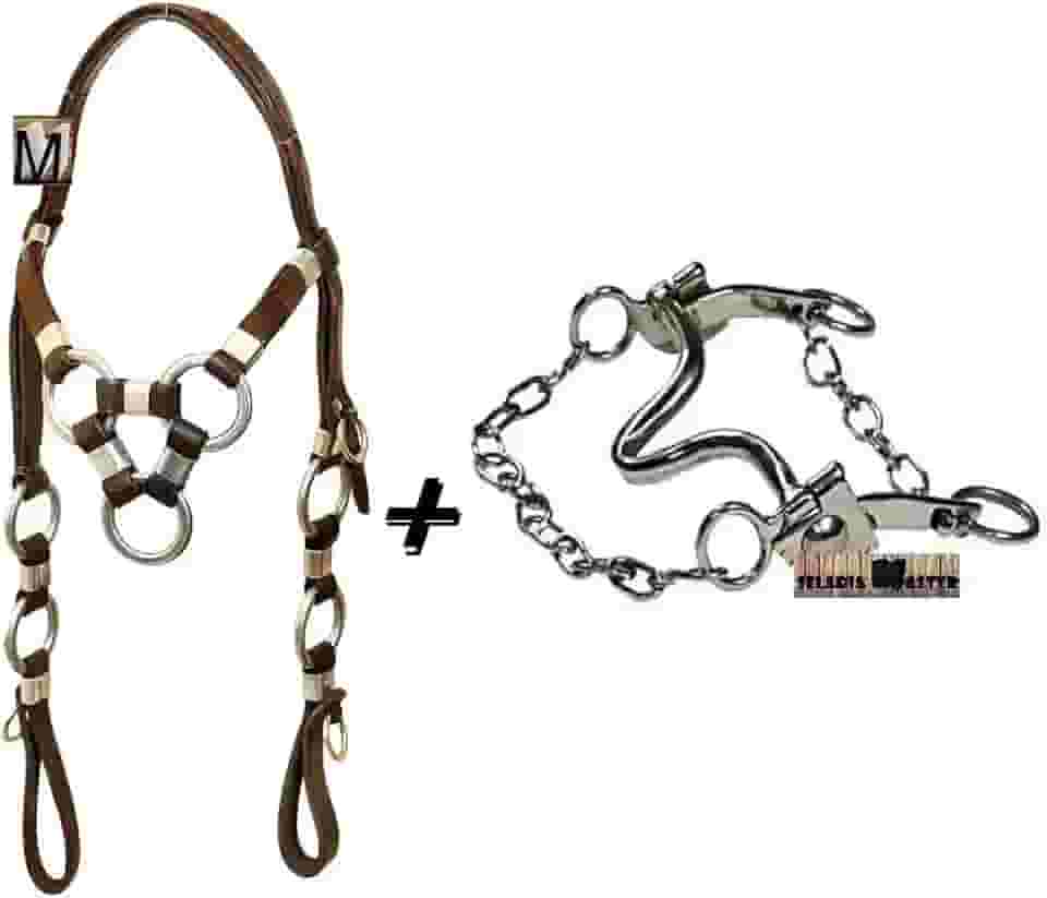 Cabeçada Couro 3 Argolas + Freio Inox Leve Para Cavalo