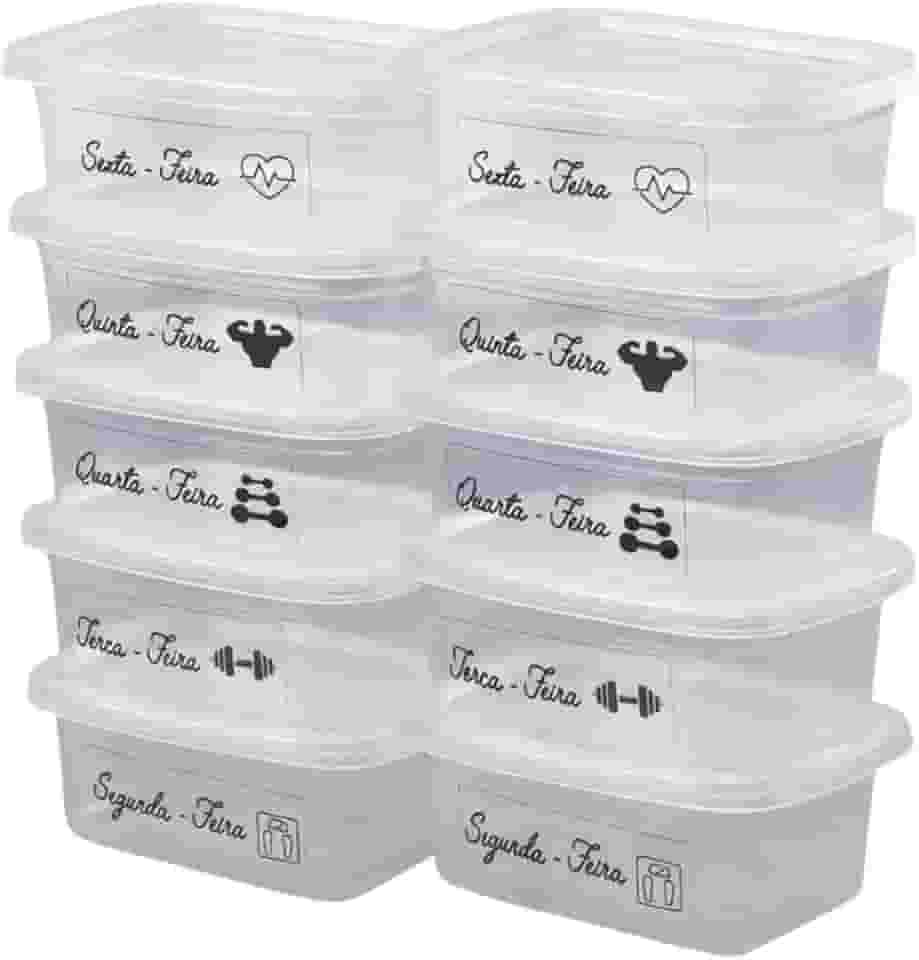 Kit 5 Marmitas Fitness com os dias da semana Plásticos Retangulares 500ml com Tampa Vedante | Livre de BPA | Para Marmita, Lanche, Freezer, Micro-ondas e Lava-louças