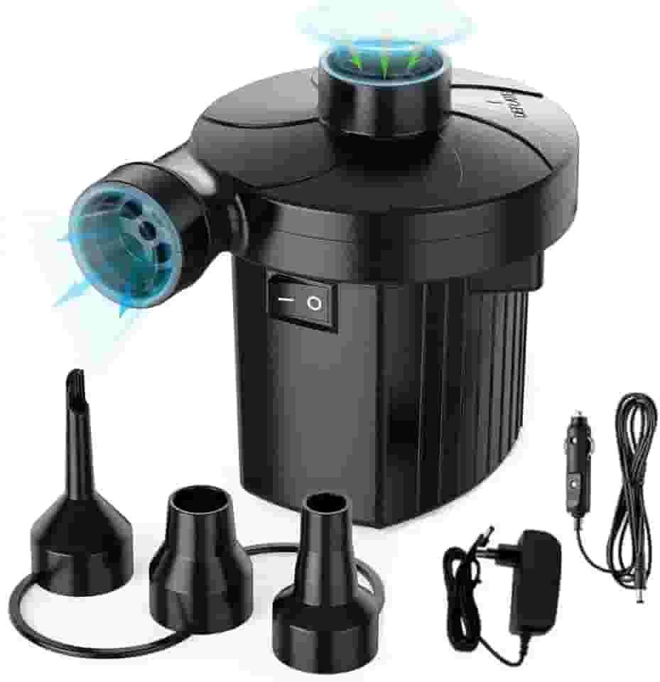 Bomba de Ar Elétrica Portátil Turbo Bivolt, Infla e Esvazia Boias, Botes, Colchão e Piscina Inflável, Kit Bomba Infladora com 3 Bicos Adaptadores, Carregador Veicular e de Tomada, 50W, Preto