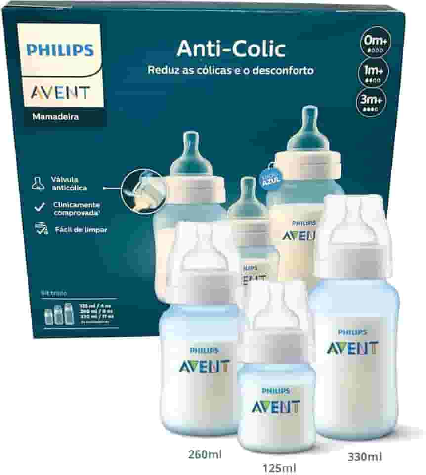 Kit Triplo Mamadeira Anti-Colic Philips Avent 125ml + 260ml + 330ml Azul
