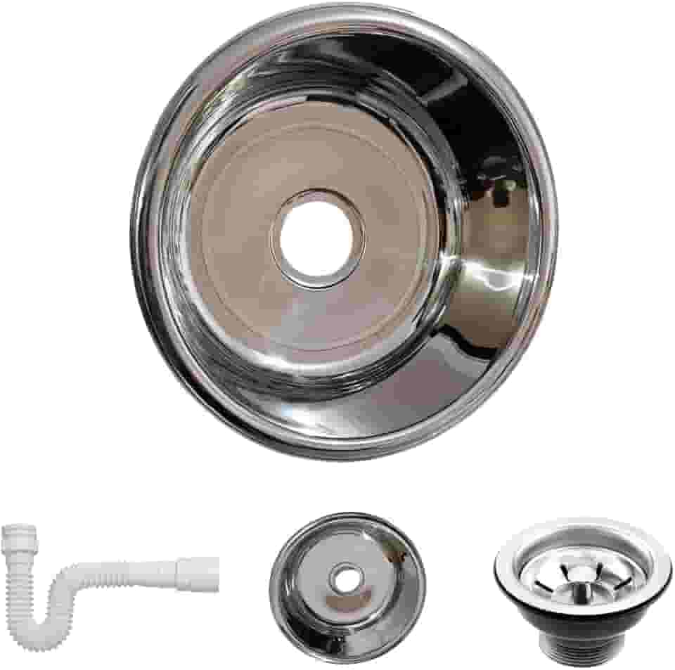 cuba redonda de 30cm 430 de embutir ou sobrepor, polida brilhante com valvula e sifão incluso