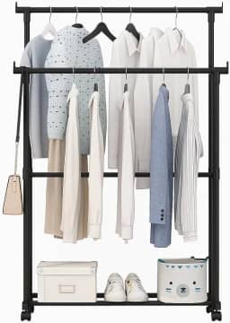 Cabideiro Duplo Roupas Aço Regulável com Rodas e Sapateira Organizador Móvel Arara Portátil Blusas Calças Jaquetas Camisetas Vestidos Sapatos Prático Resistente Fácil Montagem