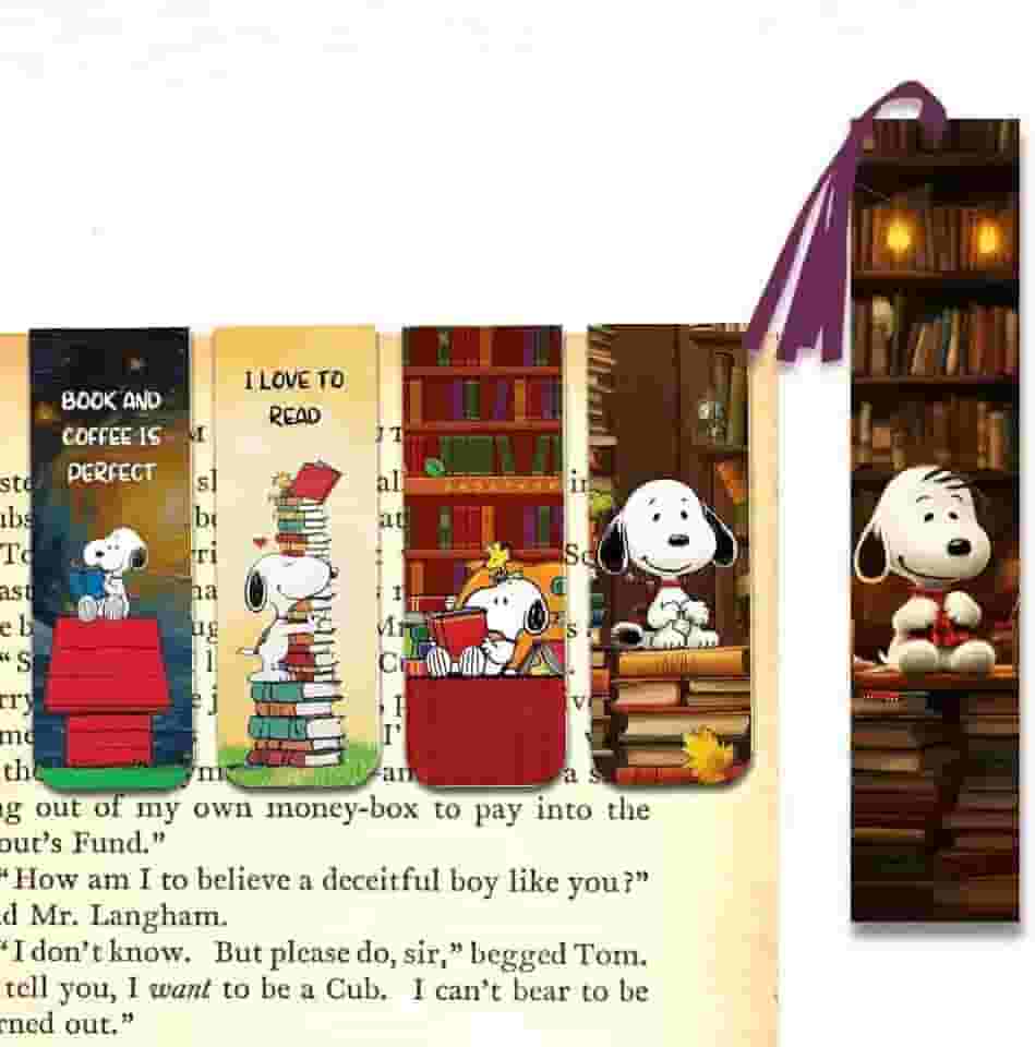 Kit 5 Marcadores de Página - 4 Magnéticos e 1 Marcador Slim Com fitinha - Snoopy ama Livros