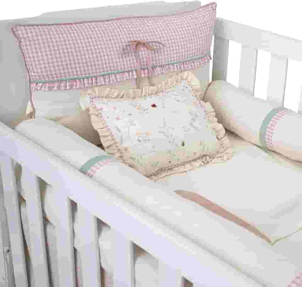 Enxoval Kit para Berço Americano em linho Bordado Joaninha Doce Encanto Jardim Xadrez rosê