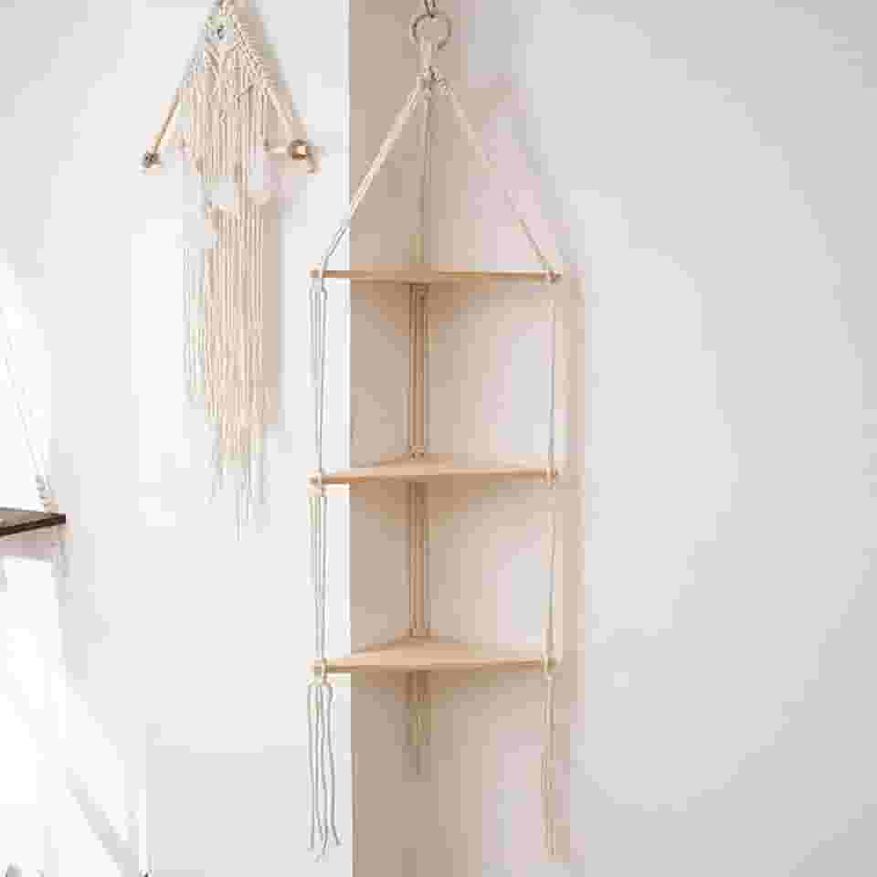 Prateleira suspensa com madeira natural, prateleira de corda de 3 camadas | Decoração de parede Boho feita à mão para exibição flutuante, ideal para plantas, fotos e armazenamento no banheiro