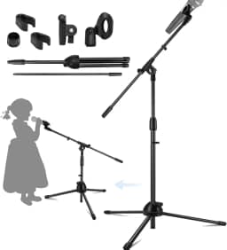 Pedestal para Microfone com Regulagem de Altura e Cachimbo, Suporte Microfone com Estabilidade e Tranquilidade, Preto, Plástico, Compacto, 140 cm