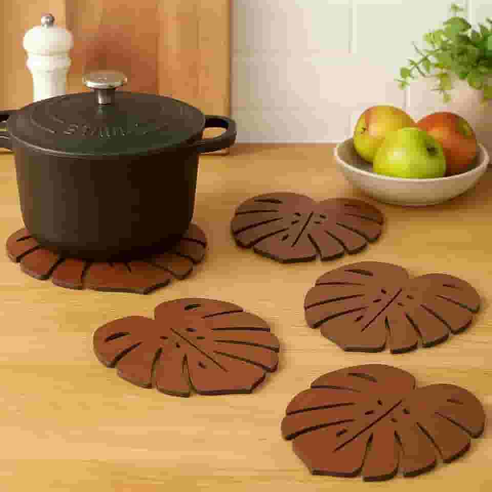 Kit de 5 Descansos de Panela em Madeira, Formato Folha Tropical Monstera, Protetor de Mesa para Cozinha