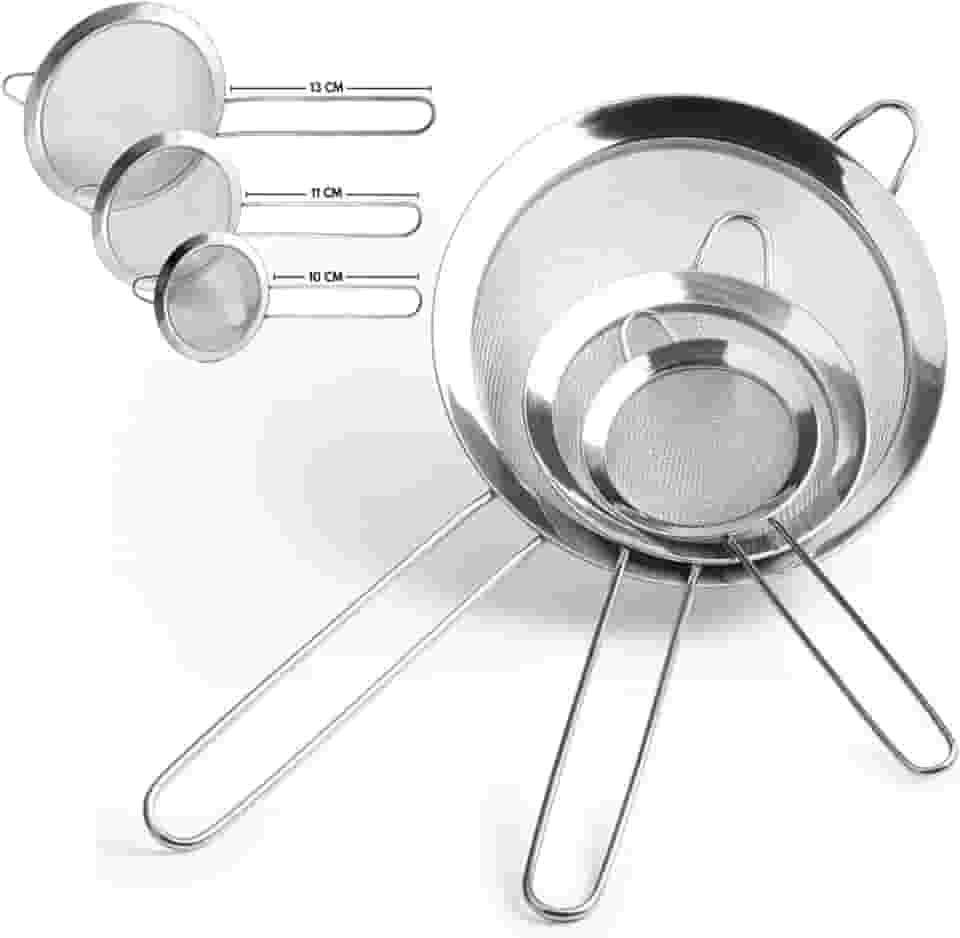 Jogo 3 Peneiras em Aço Inox Resistente Luxo Para Coar Polvilhar Versátil, Durável, com Suporte para Panelas e Travessas, Resistente a Temperaturas e de Fácil Manuseio PRÓODOS
