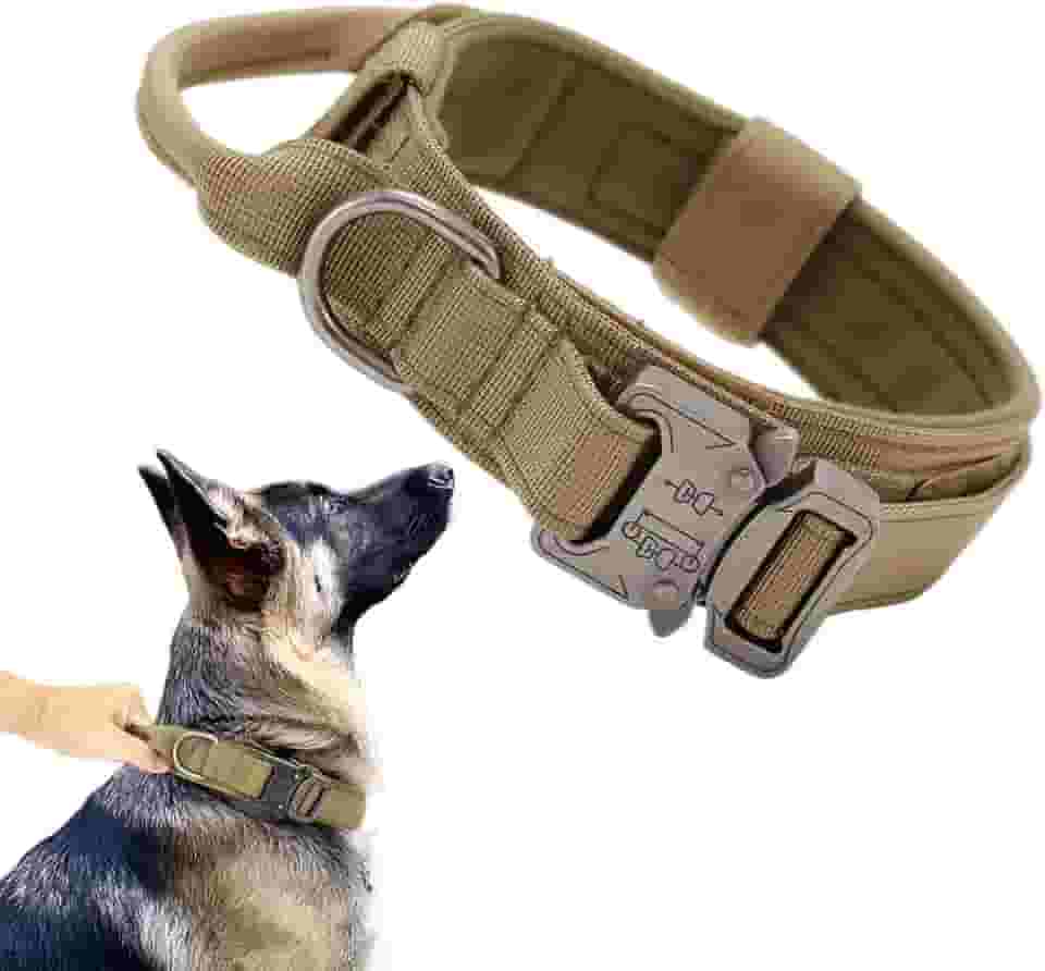 Xqpetlihai Coleira tática para cães de nylon militar ajustável com alça de controle e fivela de metal resistente para cães médios e grandes (marrom, M)