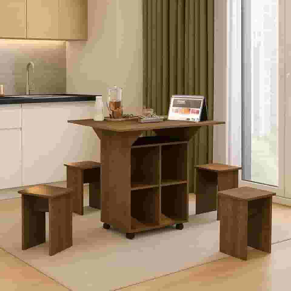 Mesa de Jantar Dobrável Compacta com Aparador e Bancos para Salas e Cozinhas Otimize seu Espaço com Praticidade e Estilo Oferecendo Conforto e Funcionalidade para até 4 Lugares