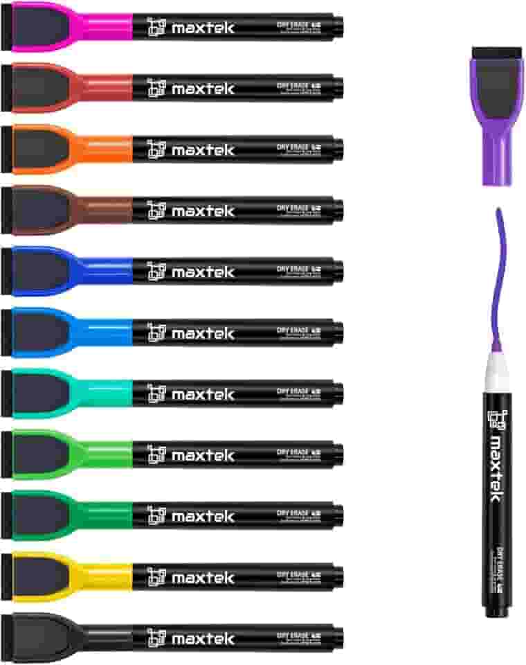 maxtek Marcadores apagáveis a seco com ponta fina, marcadores magnéticos de quadro branco com borracha, 12 marcadores coloridos de ponta fina apagáveis a seco para crianças, marcadores finos de baixo odor apagáveis a seco para quadros de calendário
