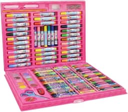 Maleta de Pintura Infantil Completa Rosa com 150 Peças - Kit de Desenho com Giz, Lápis e Aquarela para Crianças