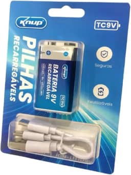 Bateria 9V 500mAh de Lítio Recarregável Knup via Cabo USB-C – Alta Performance e Longa Durabilidade