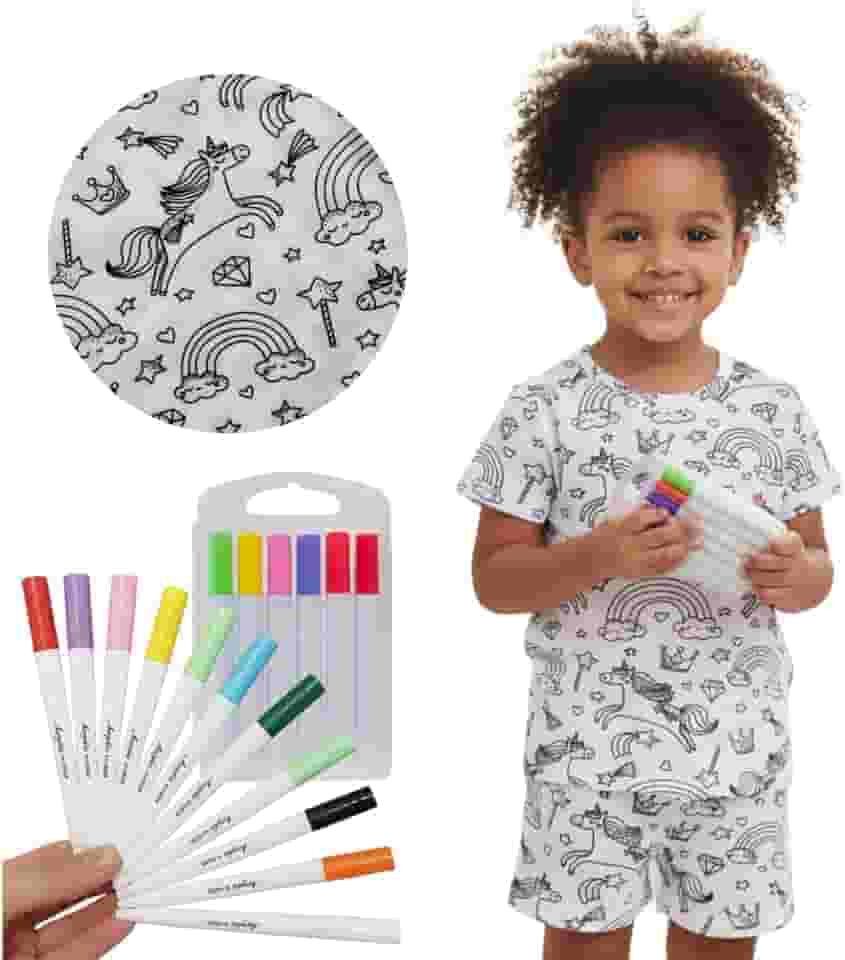 Pijama Infantil Para Colorir e Pintar Com 12un Caneta Acrílica - Kids Need - Roupa de Dormir Infantil Para Criança Pintura Educativa e Relaxante.