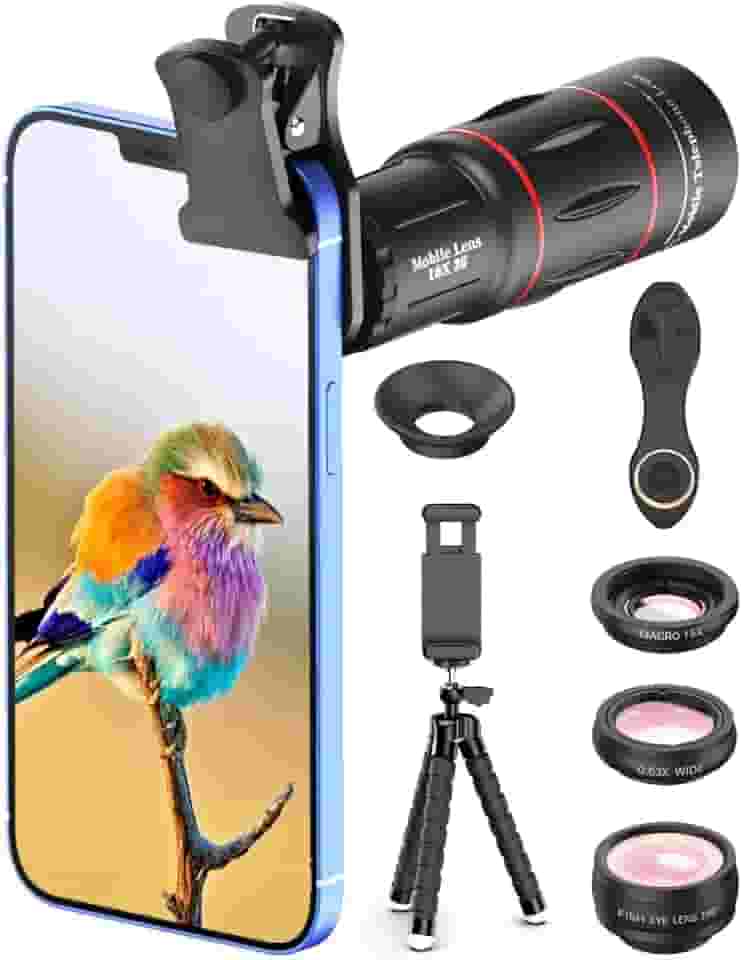 APEXEL Kit de fotografia de telefone 4 em 1, lente teleobjetiva 18X, lente olho de peixe de 198°, lente macro 15X, lente grande angular de 0,63x, conjunto com tripé de telefone flexível, para iPhone