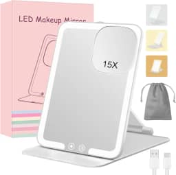 Espelho de maquiagem de viagem 15X com luzes, recarregável portátil 1X espelho de maquiagem com espelho de aumento de 15x, espelho de maquiagem dobrável iluminado com suporte ajustável, iluminação em