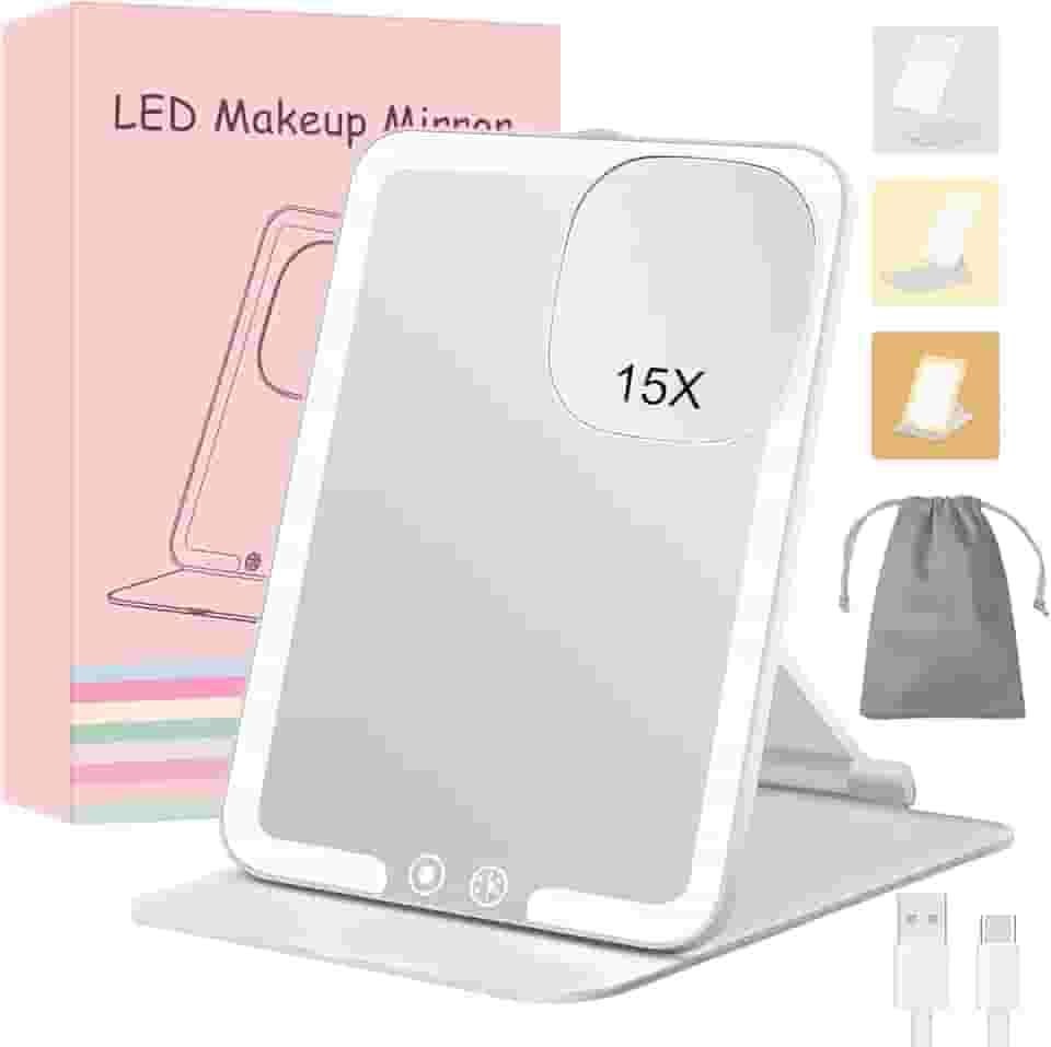 Espelho de maquiagem de viagem 15X com luzes, recarregável portátil 1X espelho de maquiagem com espelho de aumento de 15x, espelho de maquiagem dobrável iluminado com suporte ajustável, iluminação em