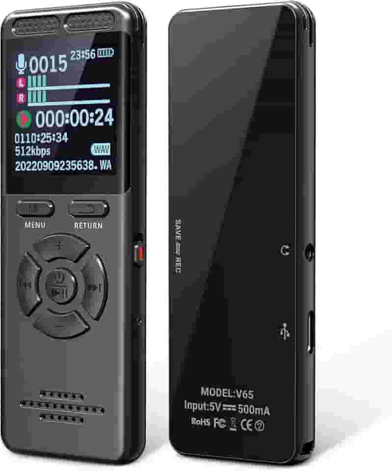 Koutonnly Gravador de voz de 64 GB com reprodução, gravador de áudio USB-C com tela colorida, redução de ruído de 7 níveis e proteção por senha, gravador ativado por voz para palestras, reuniões e