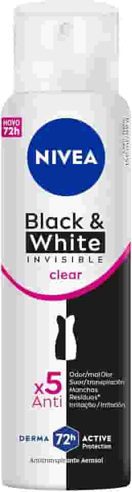 NIVEA Desodorante Antitranspirante Aerossol Invisible Black & White Clear 150ml - Proteção prolongada de 48h, cuidado suave, ação antibacteriana, fórmula 5 em 1: anti-manchas, anti-odor