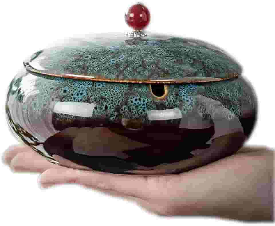 Cinzeiro de Cerâmica Moderno e Tradicional Azul, 14,5 cm x 8,5 cm, com Tampa Cinza para Cigarros, Resistente ao Vento, Perfeito para Casa, Terraço, Escritório e Presentes Fumantes