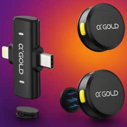Microfone de Lapela Duplo Sem Fio α’GOLD, Compatível com iPhone (iOS) e Android USB-C, Transmissor Lightning e Type C, Som Profissional, Plug & Play, Ideal para Vídeos, Lives, Podcast e TikTok