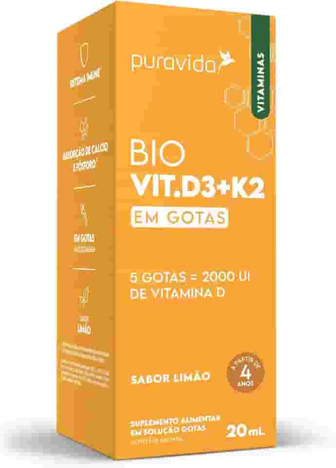 Puravida Vitaminas Bio Vit. D3 + K2 2000UI Gotas Sabor Limão 20ml