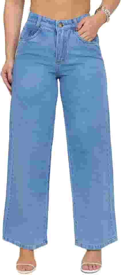 Calça Jeans Azul Claro Wideleg Cintura Alta
