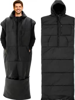 Macarrie Saco de dormir vestível para adultos com mangas e capuz, 187 cm de comprimento, 0 graus, clima frio, isolado, saco de dormir para clima frio extremo, acampamento, caminhada, estádio (preto)