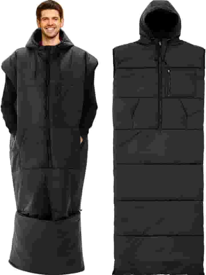 Macarrie Saco de dormir vestível para adultos com mangas e capuz, 187 cm de comprimento, 0 graus, clima frio, isolado, saco de dormir para clima frio extremo, acampamento, caminhada, estádio (preto)