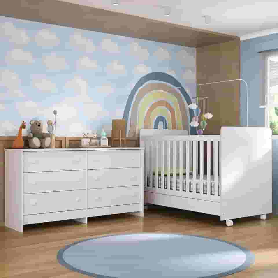 Berço 3 em 1 para Colchão 130x70cm com Rodízios e Cômoda Chantilly Multimóveis Mp4290 Branco