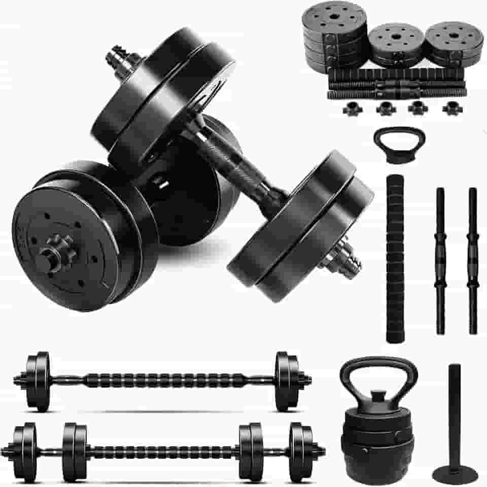 Kit de Musculação Ajustável 20kg Conjunto com Halteres, Anilhas, Barras e Kettlebell Preto, para Treino em Casa