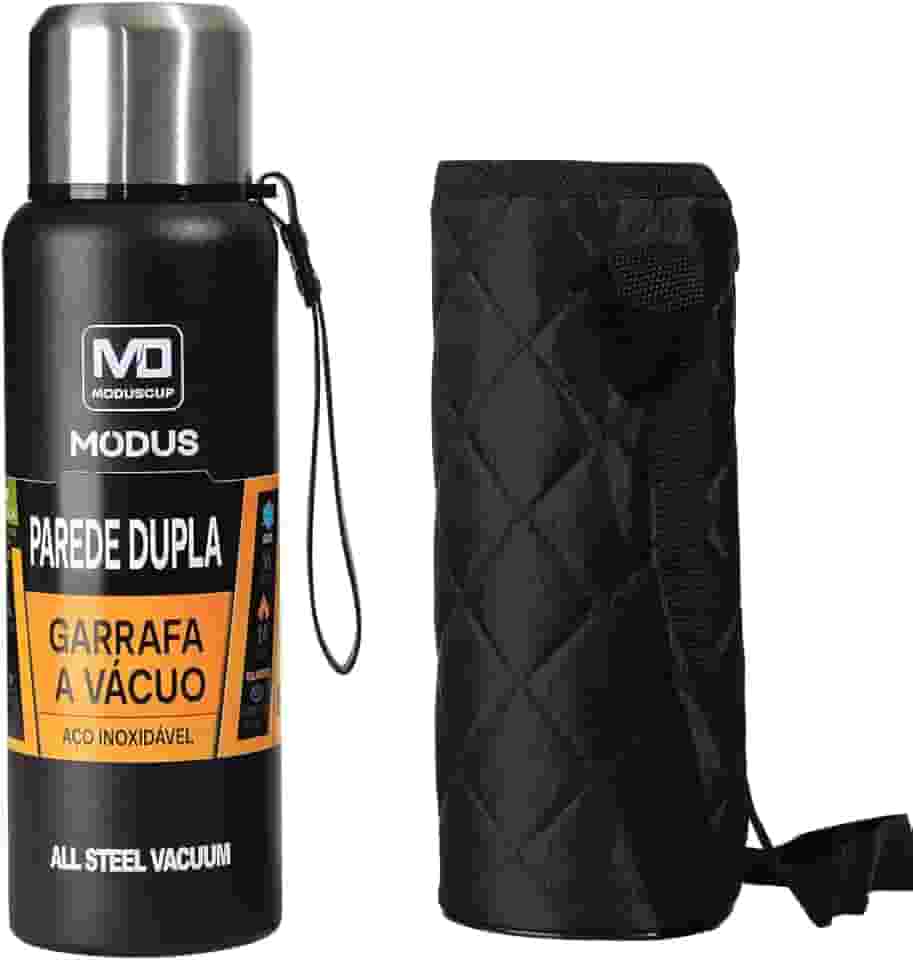 MODUS Garrafa Térmica De Aço Inoxidável Isolada A Vácuo Com Copo Portátil E Bolsa 1000ML (Preto)