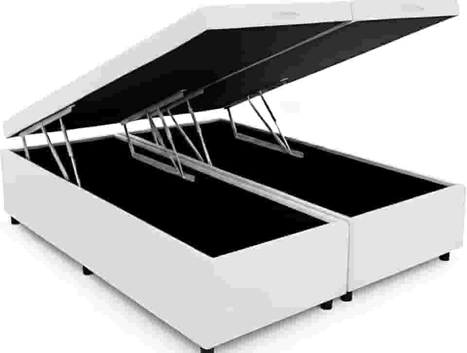 Cama Box Baú Queen Bipartido 79, Blindado, Pistão á Gás, Pés de Madeira (Corino, Branco)