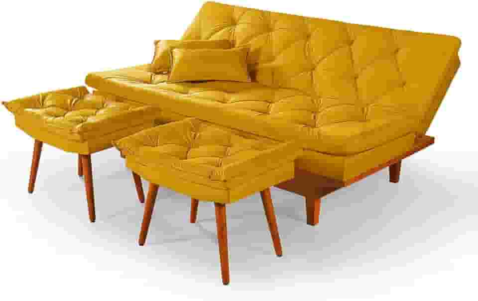 Sofa Cama Reclinavel Caribe Com Duas Banquetas Rubi Suede Amarelo