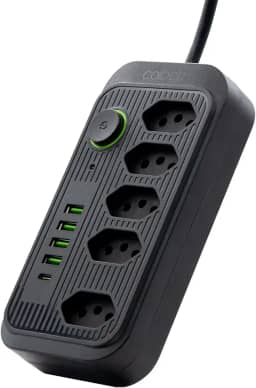 Extensão Tomada, Régua Tomada, Régua de Energia, 5 Tomadas, 4 Interfaces USB, 1 Porta USB Tipo-C, Cabo de Alimentação de 1,9 metros, Suporte a Tensão de 110-220V, Potência de 2500W (Preto)