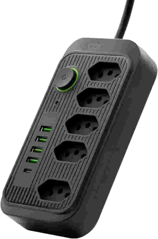 Extensão Tomada, Régua Tomada, Régua de Energia, 5 Tomadas, 4 Interfaces USB, 1 Porta USB Tipo-C, Cabo de Alimentação de 1,9 metros, Suporte a Tensão de 110-220V, Potência de 2500W (Preto)