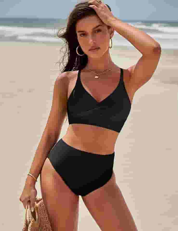 Maiô de peça única com decote em V com alças, cor lisa, perfeito para férias na praia e sessões de fotos