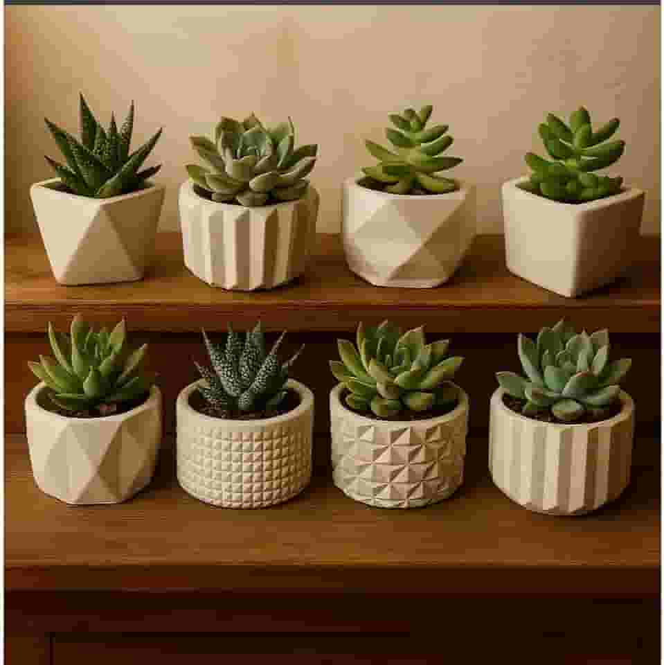 Vasinhos Decorativos com Cactos e Plantas Artificiais - Gesso e Design Moderno(KIT 4 VASINHOS)