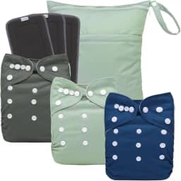 babygoal Fraldas reutilizáveis de pano carvão com reforço duplo, pacote com 3 fraldas laváveis para bebês com 3 inserções de carvão e bolsa seca úmida (cinza escuro, verde feijão, azul lago)