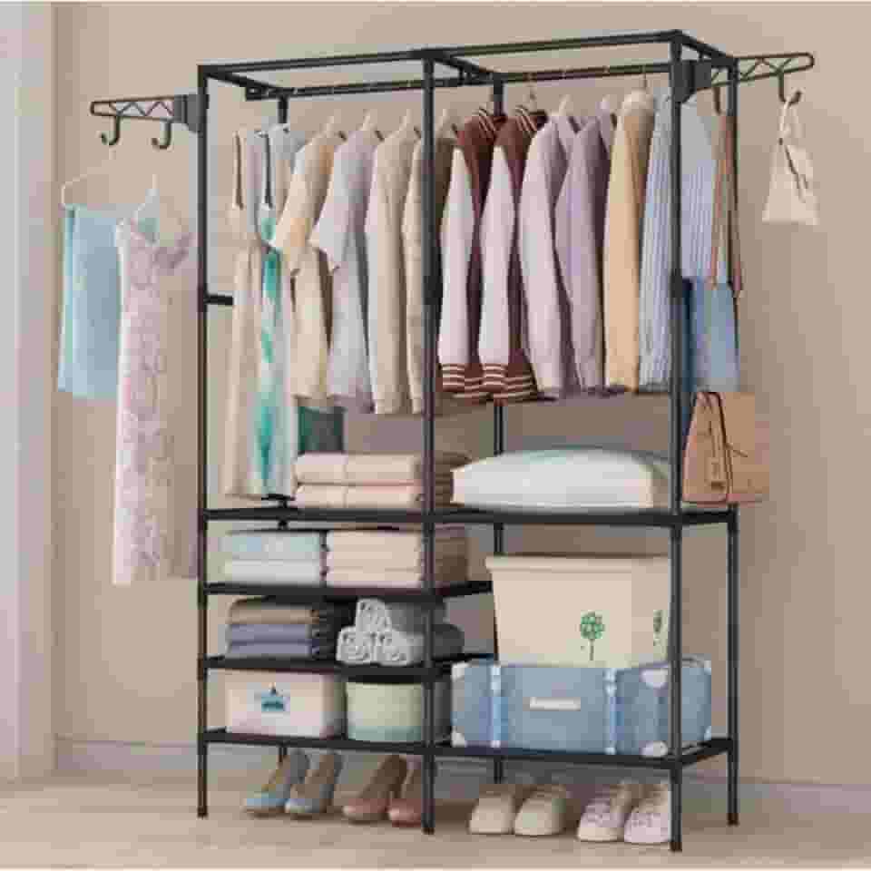 Arara Guarda-Roupa Portátil com Prateleiras, Organizador de Roupas com Cabideiro, Estrutura de Metal Preta, Armário Multiuso para Closet