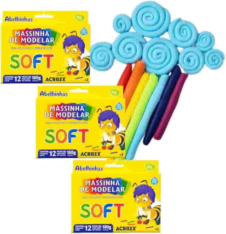 Massinha De Modelar Soft Conjunto 12 Cores Acrilex Estojo Coloridas Textura Macia Não Tóxica Volta As Aulas (Kit 3 Caixas)