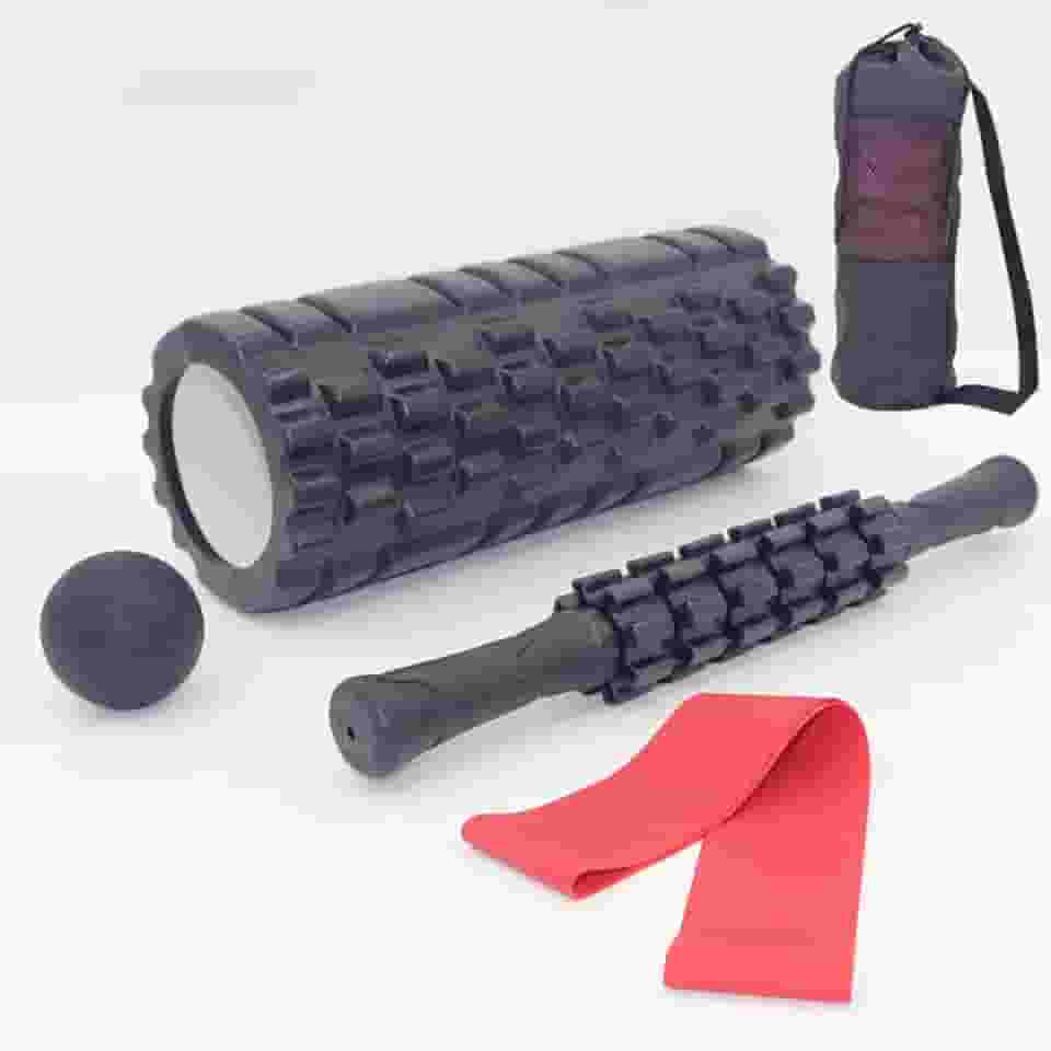 Rolo massagem liberação miofascial 5x1 foam roller com bastão massagem e bola lacrosse e mini band com bolsa pra carregar(preto)