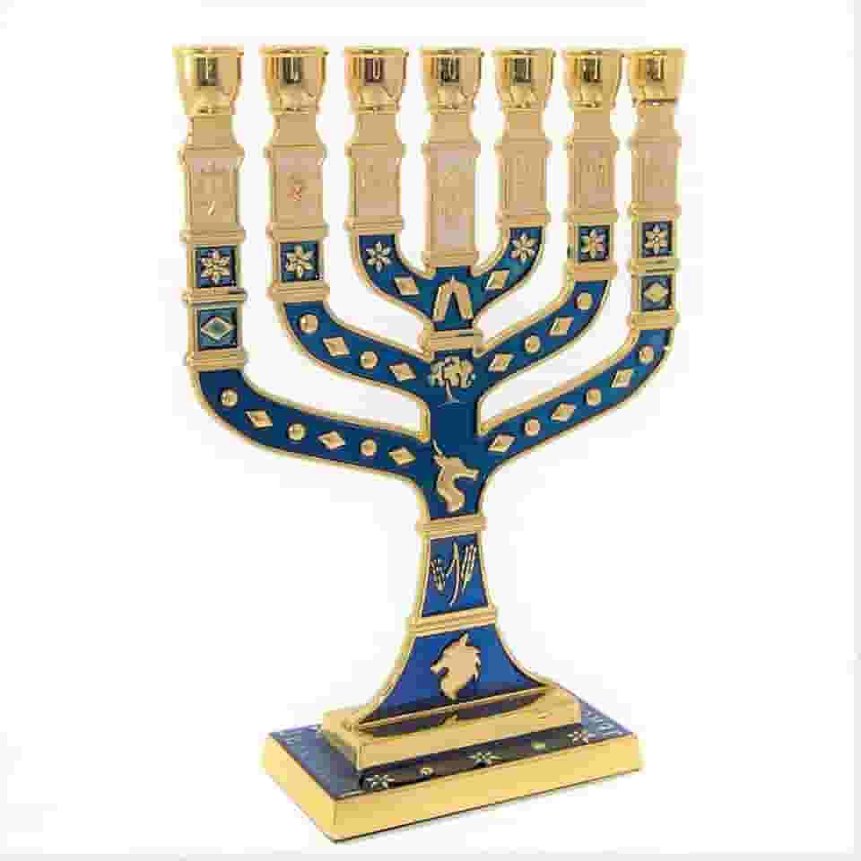 Candelabro Sete Pontas - Menora 12cm com as 12 Tribos De Israel AZUL
