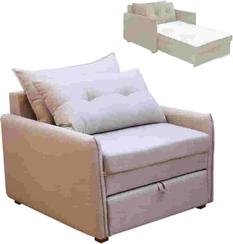 Sofá Cama Retrátil Solteiro Linho Estofado com Almofada Montreal (Bege)