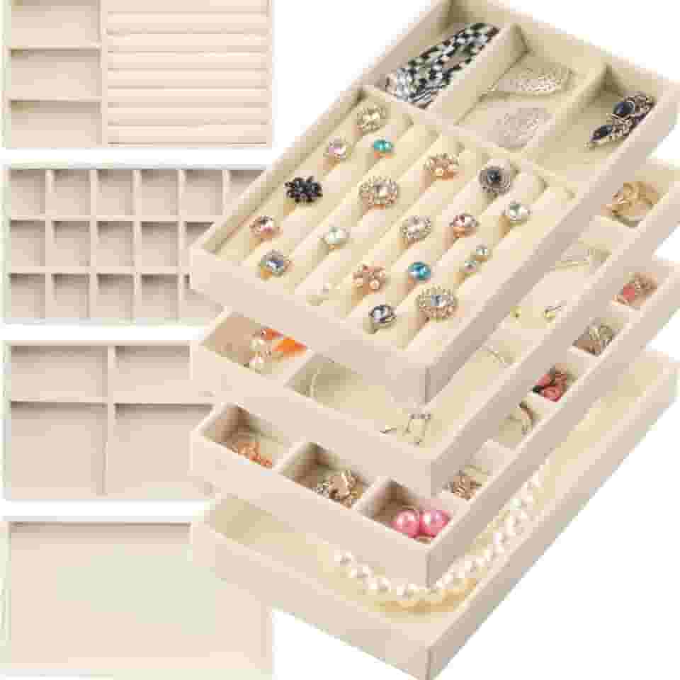 Kit 6 Bandejas Para Jóias Bijuterias Organizadores de Gaveta Com Divisorias Veludo Pu (Bege)