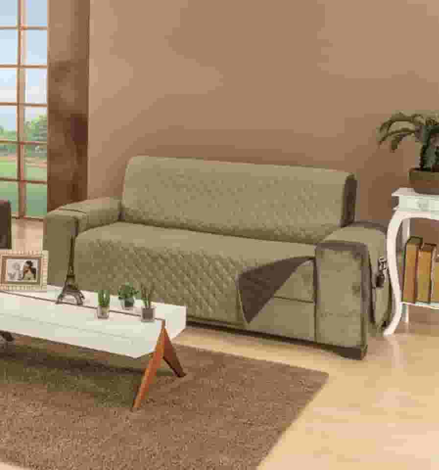 Protetor De Sofá Manu 3 Lugares Padrão Liso Dupla Face Tecido Microfibra Kaqui/Marrom